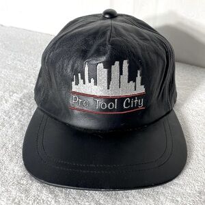 Vintage Black Leather Embroidered Pro Tool City Trucker Hat